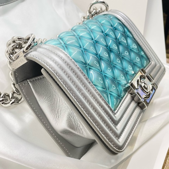 ***SOLD*** Chanel Boy Flap Bag Quilted Holographic PVC Small Blue & Silver - Picture 2 of 14
